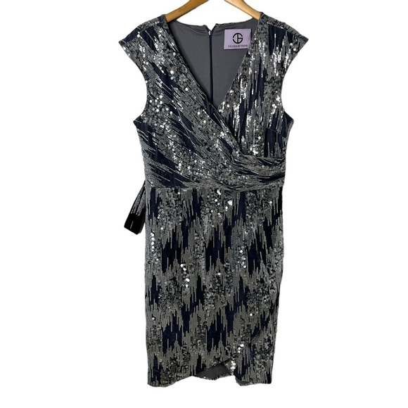 JS Collection June Faux Wrap MIDI Dress Size 12 Gray Blue Cap Sleeve Velvet - Picture 4 of 12